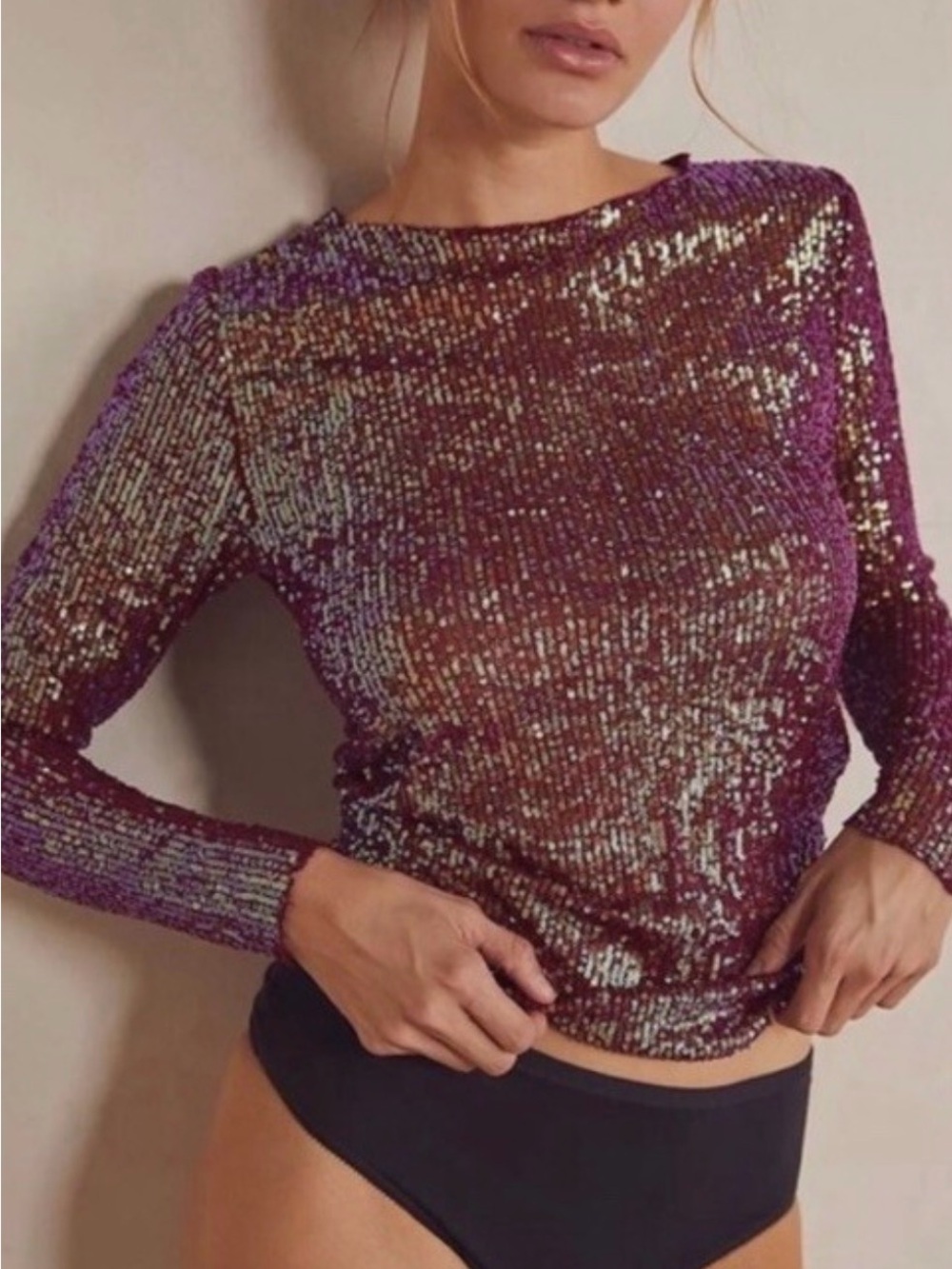 Sequin Long-Sleeve Crewneck Top - Purple